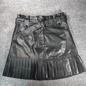 Zara Skirt Womens Small Black Faux Leather Pleated Hem Belted High Waist Mini